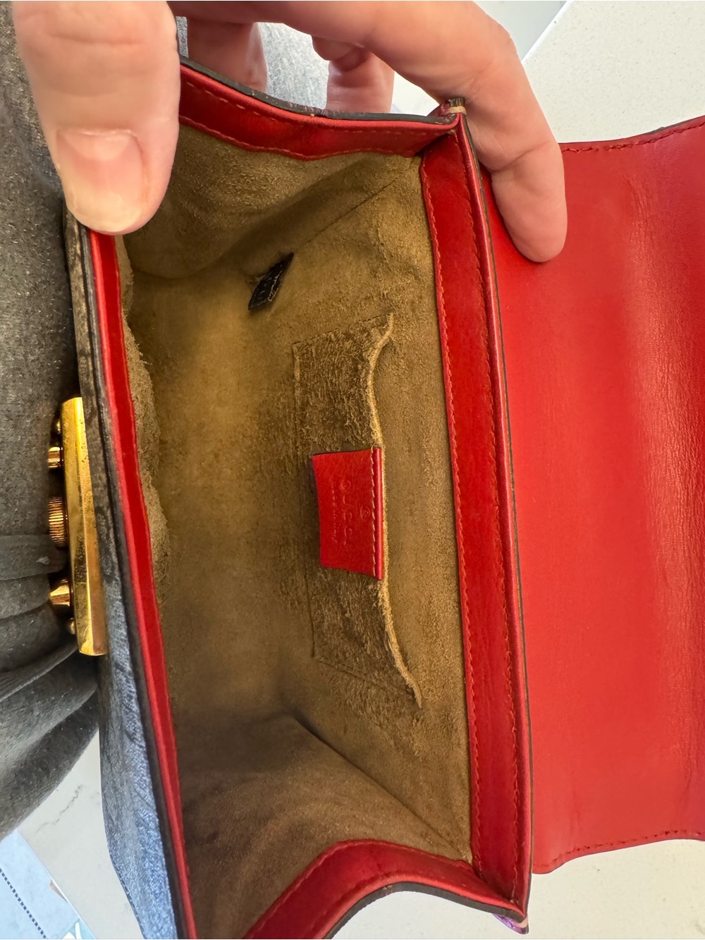 Gucci Red + Pink Leather & Monogram GG Canvas Crossbody with Gold Chain - Picture 8 of 12